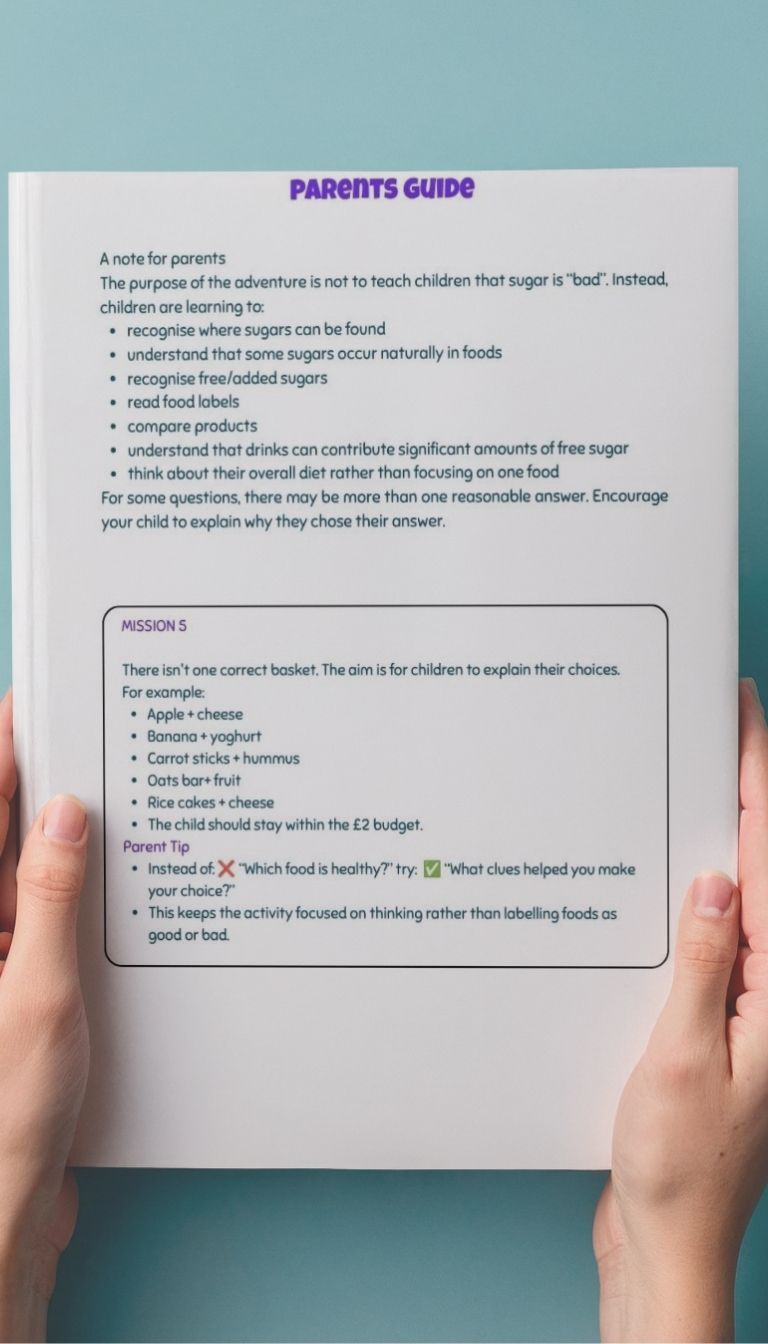 A hands-on educational parenting guide sheet titled 'PARENTS GUIDE' held by two hands against a solid teal-blue background.