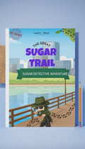 A children's book titled 'The Great Sugar Trail: Sugar Detective Adventure' by Learn Ruro, shown standing upright on a light blue surface with a pencil beside it.